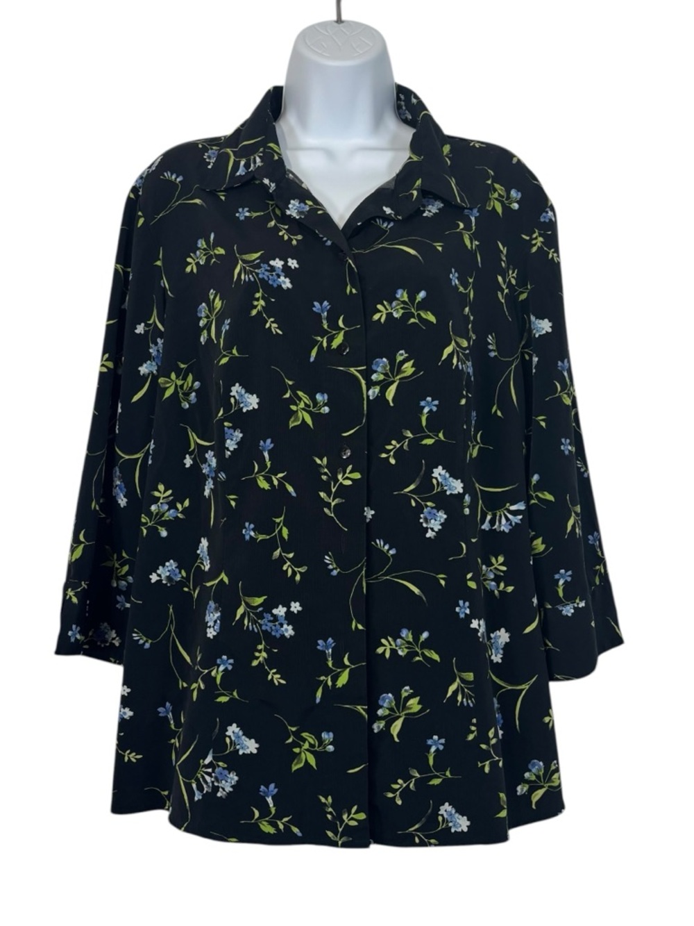 Covington Woman Floral Blouse 16-18W Navy Button Front Lightweight Plus Size